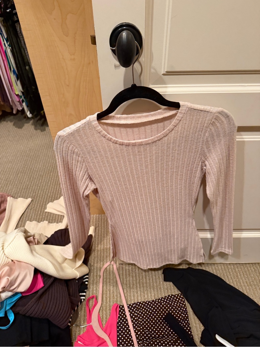 Ribbed Long Sleeve Crewneck Top - Light Blush
